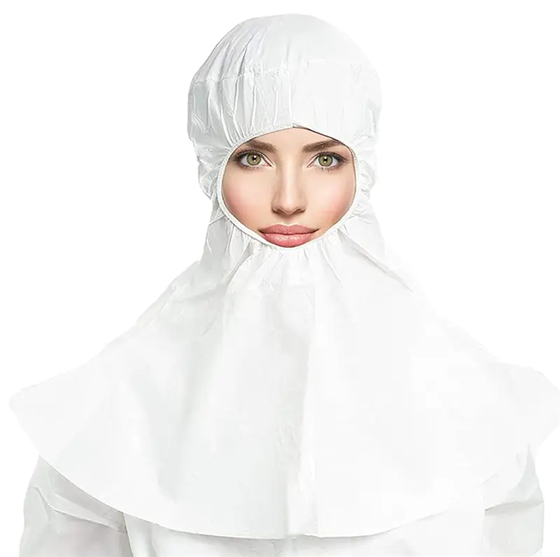 Person wearing protective white hooded coverall.