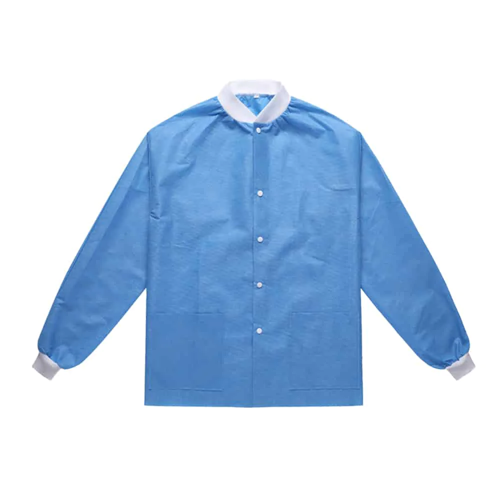 Blue disposable lab coat with white collar.