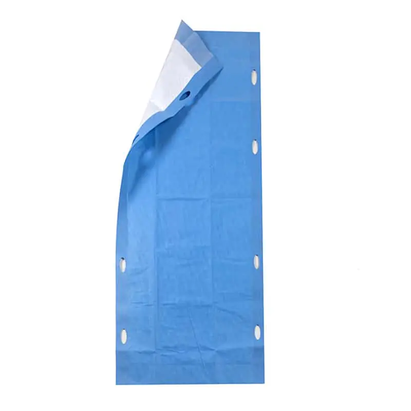 Blue disposable patient transfer sheet with handles.