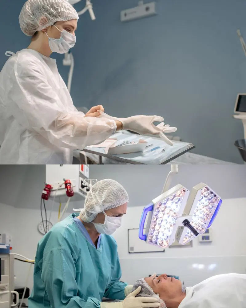 Surgeons preparing and conducting an operation in hospital.