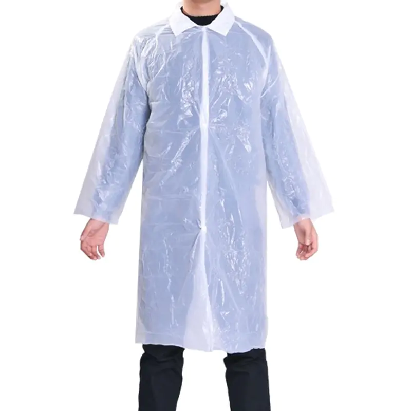 Plastic disposable raincoat with long sleeves.