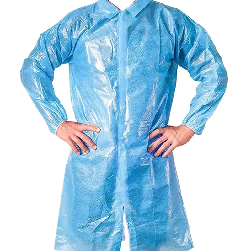 Person wearing blue disposable safety gown