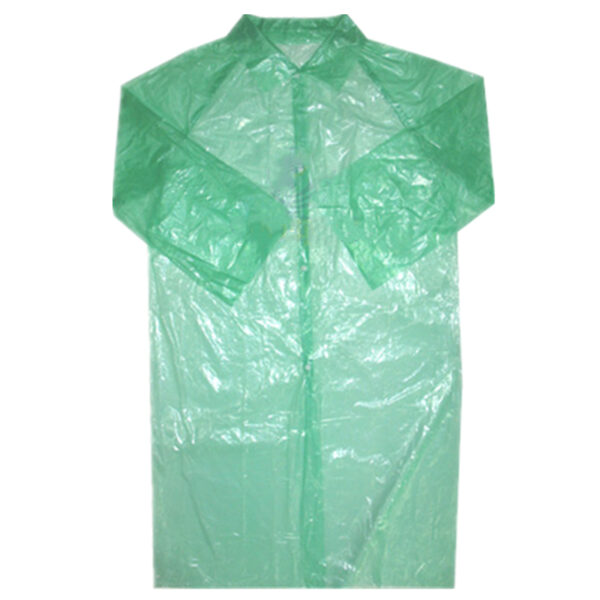 Green disposable rain poncho with buttons.