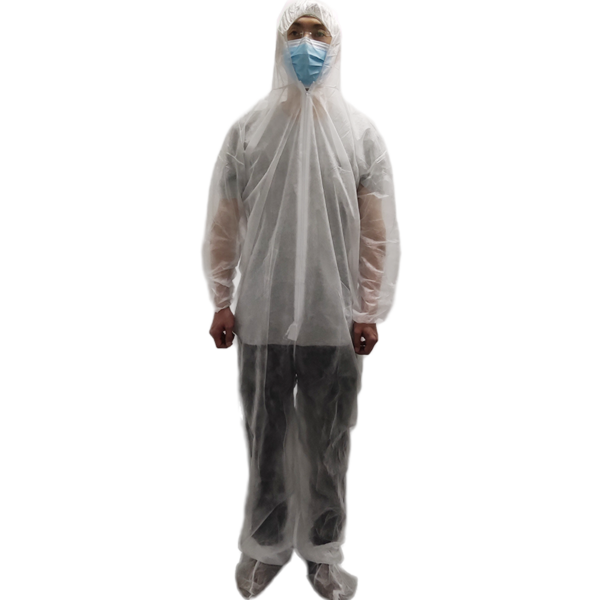 Person in protective disposable coverall and mask