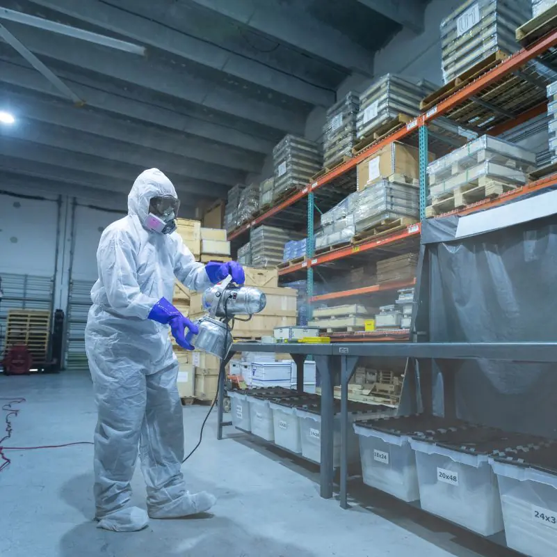 Technician disinfects warehouse wearing protective gear.