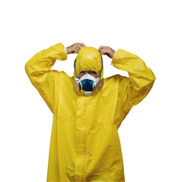 Person in yellow hazmat suit and mask.