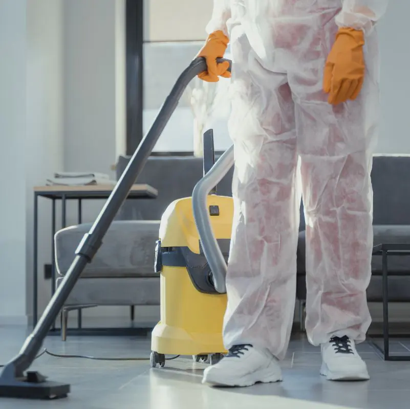Person cleaning with yellow vacuum in protective gear.