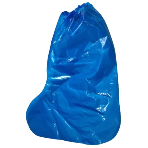 Blue nylon leg cast cover with drawstring.