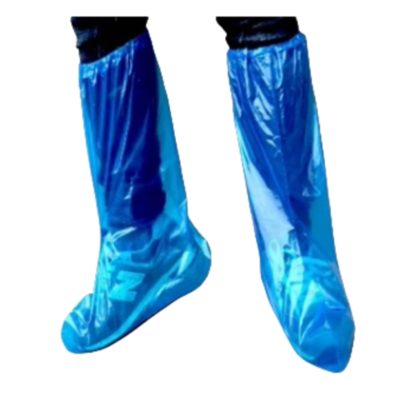 Blue waterproof shoe covers on feet