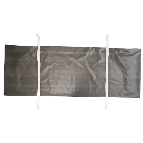 Gray tarpaulin with white straps for securing.