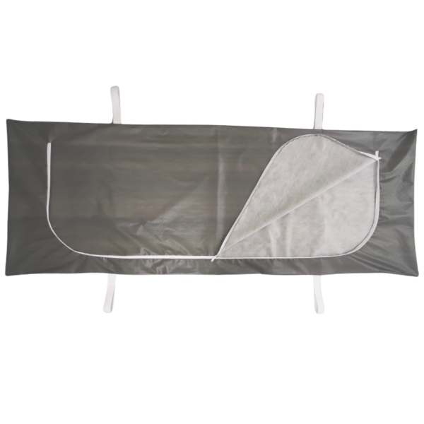 Gray disposable body bag with handles and zipper.