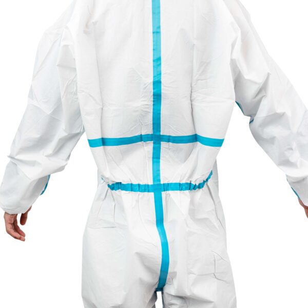 Protective suit with blue taped seams, rear view