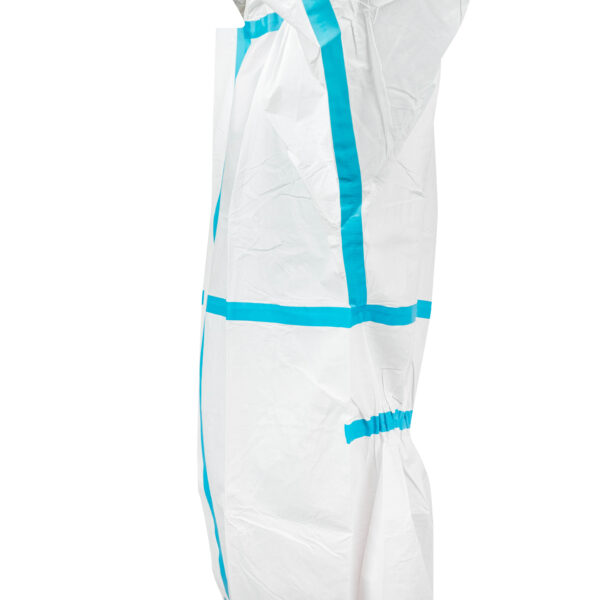 Protective white coverall with blue seams