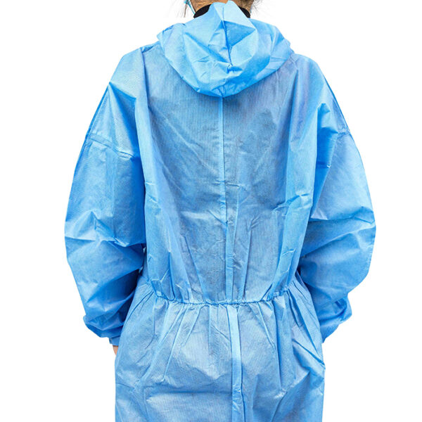 Person wearing blue disposable protective suit.