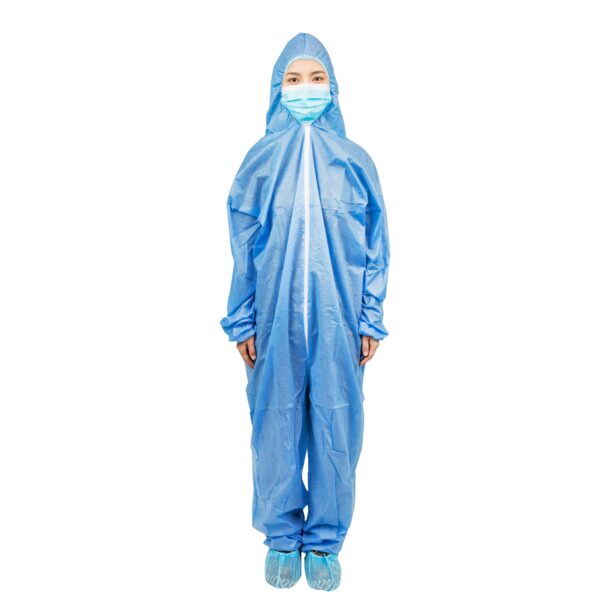 Person wearing blue protective medical suit