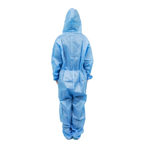 Person wearing blue protective coveralls from back