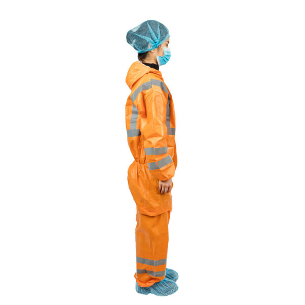 Person wearing orange hazmat suit side view