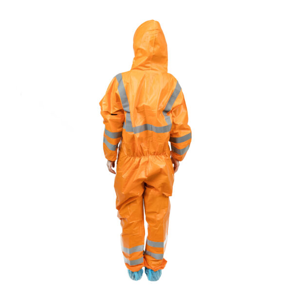 Person in orange hazardous material suit, rear view