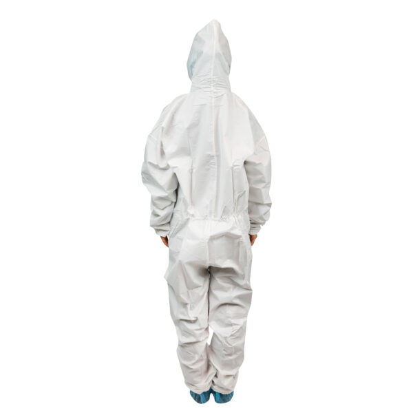 Person wearing white protective coveralls, back view.