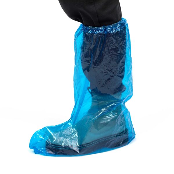 Blue plastic shoe cover on boot