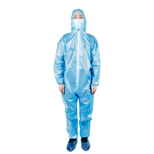 Person in blue protective suit and mask.