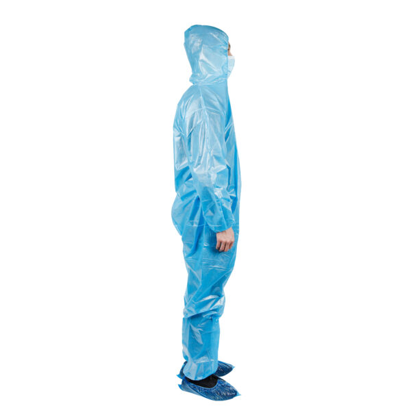 Person in blue protective suit side view.