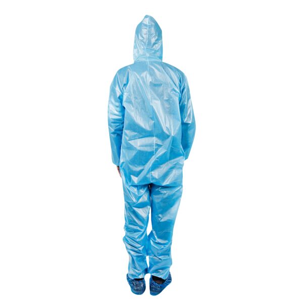 Person wearing blue hazmat suit from behind.