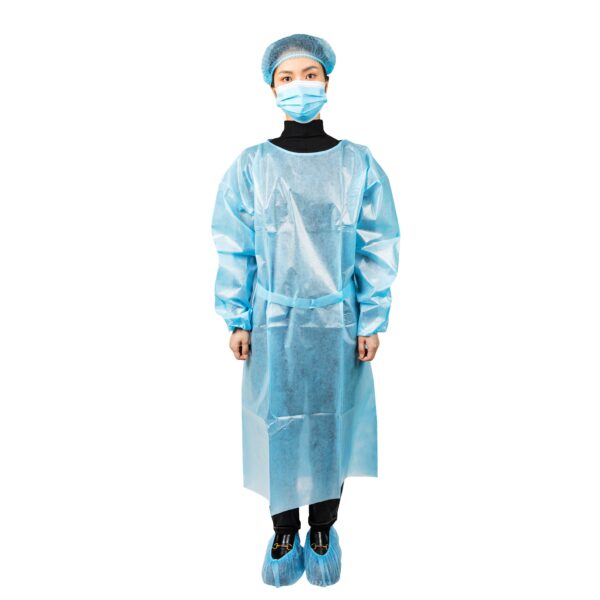 Person in blue medical gown and mask.