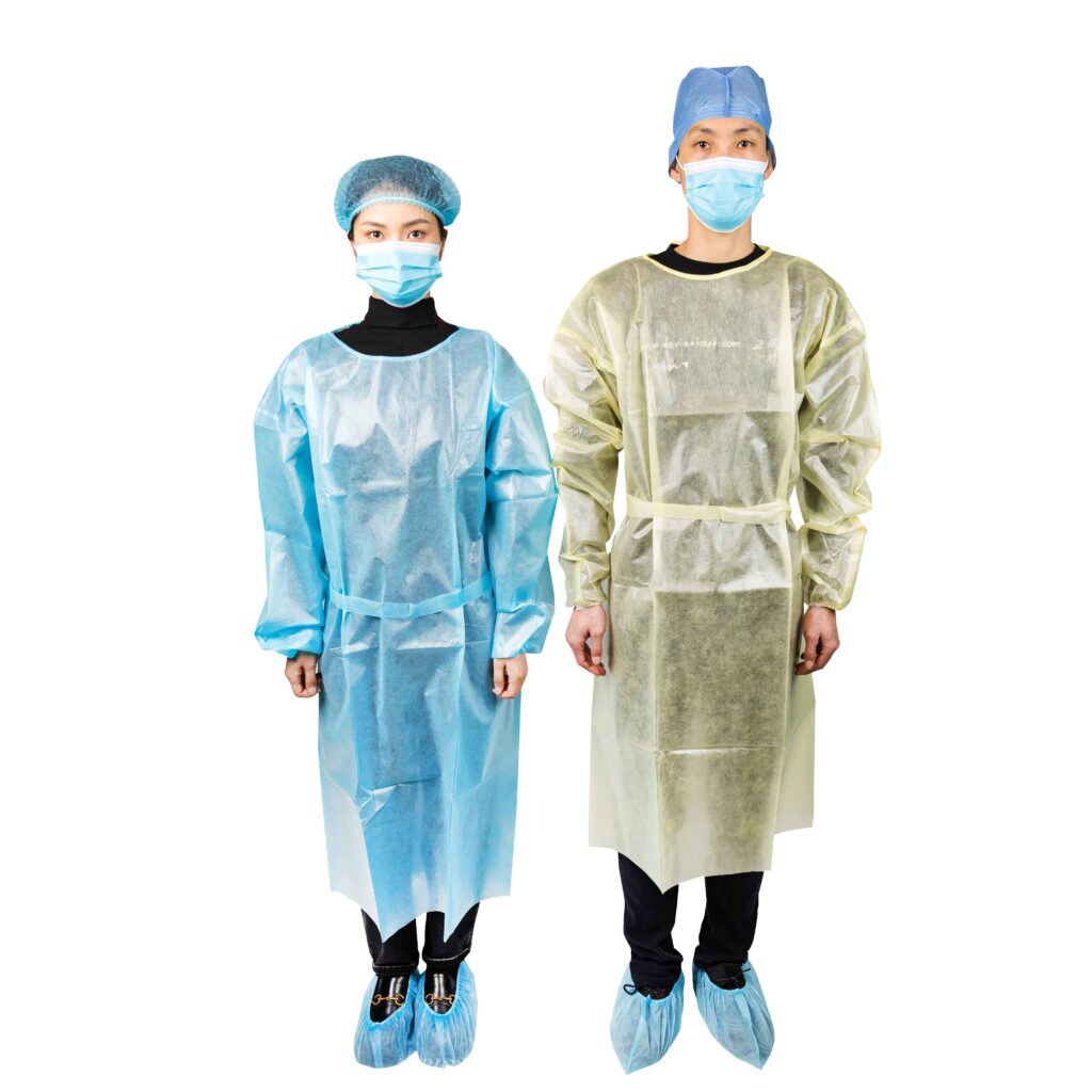 Two people in medical protective gowns and masks.