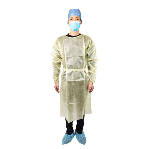 Person in protective gown and mask with shoe covers.