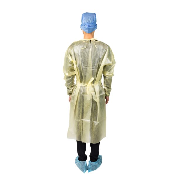 Person in protective gown and cap, back view.