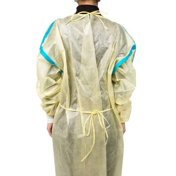 Person wearing medical protective gown from the back.