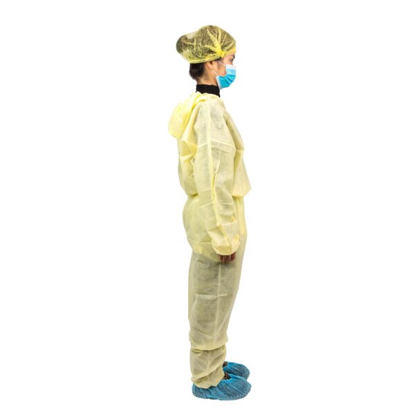 Person in yellow protective suit facing side