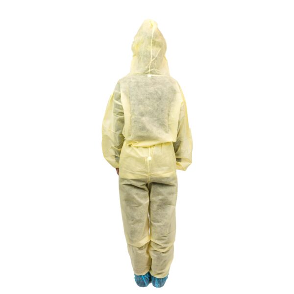 Person wearing yellow protective coverall suit back view