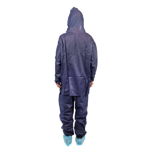 Person in protective suit and hood, back view.