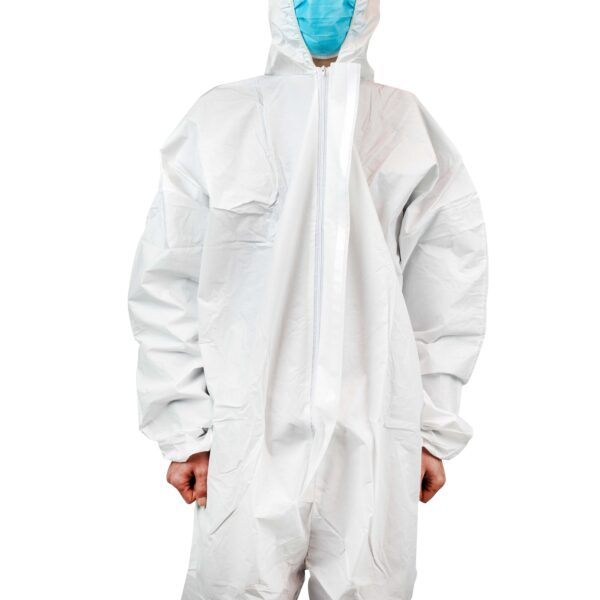 Person wearing protective white hazmat suit.