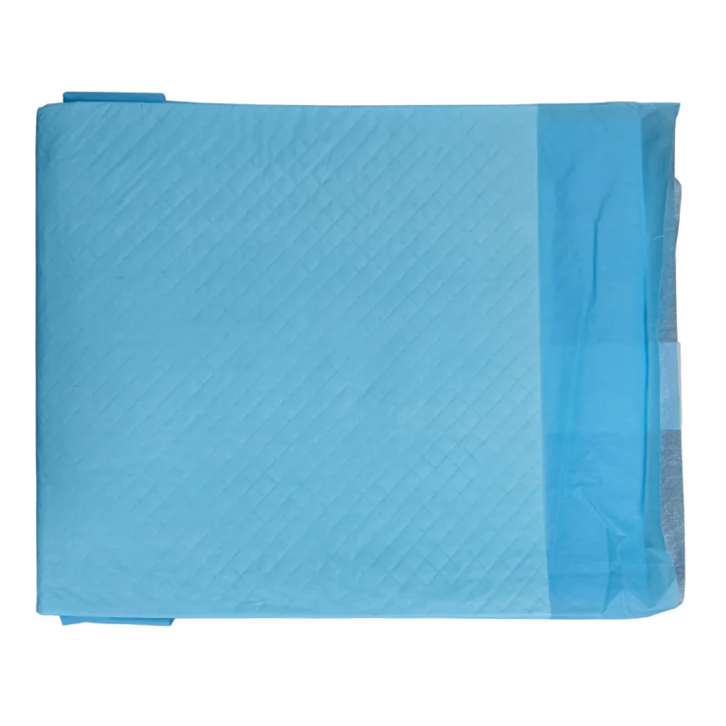 Blue disposable bed pad, quilted texture.