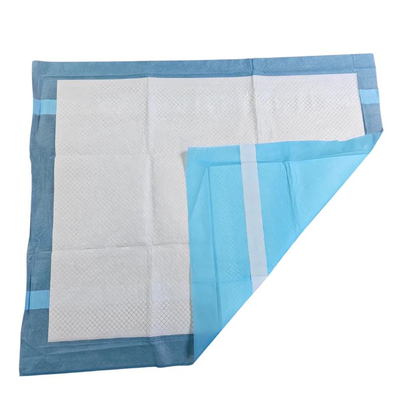 Disposable waterproof bed pad with blue backing.