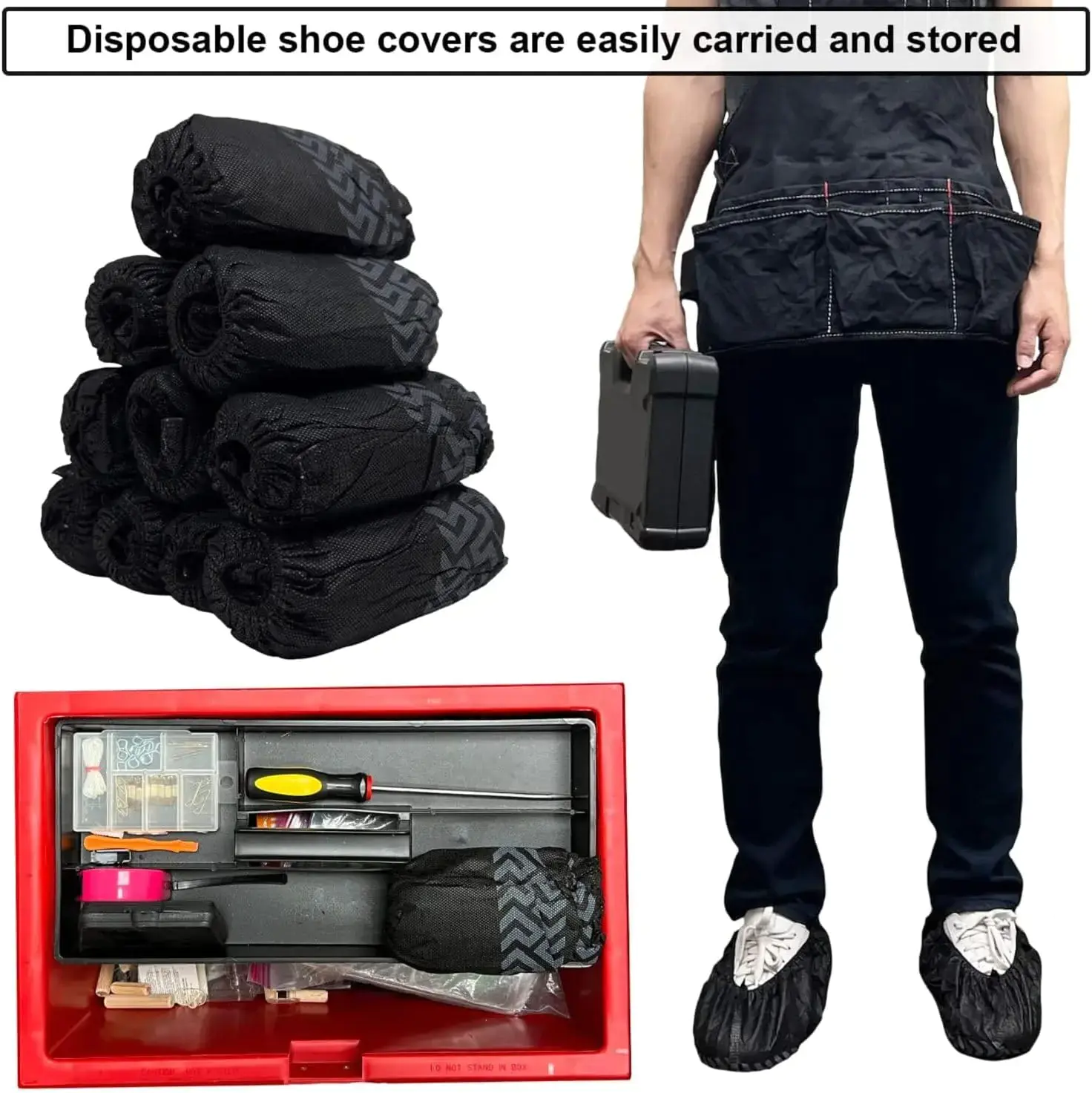 Disposable shoe covers, man carrying tool case.
