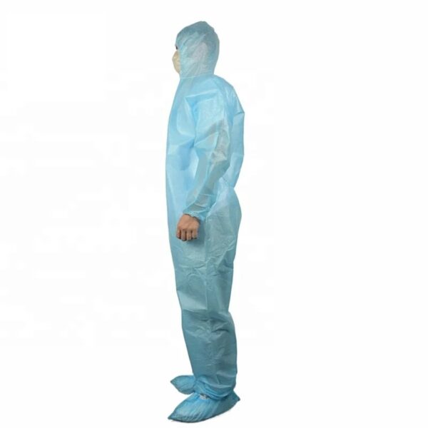 Person in blue medical protective coverall