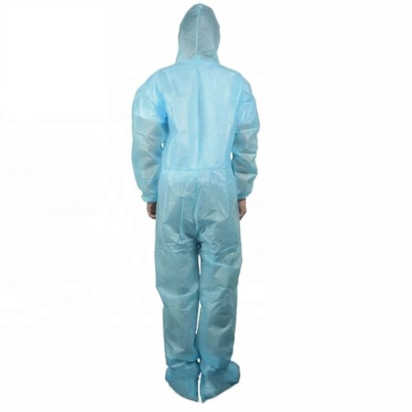 Person wearing blue protective coveralls suit