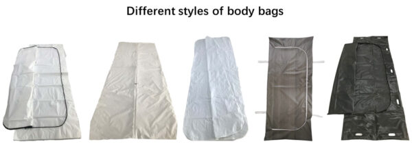 Various styles of body bags displayed.