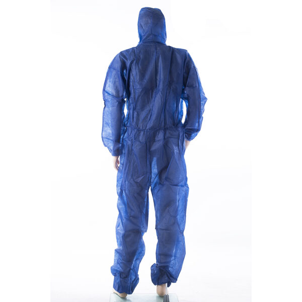 Blue disposable coverall, rear view