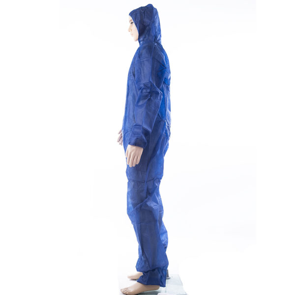 Mannequin wearing a blue protective coverall suit.