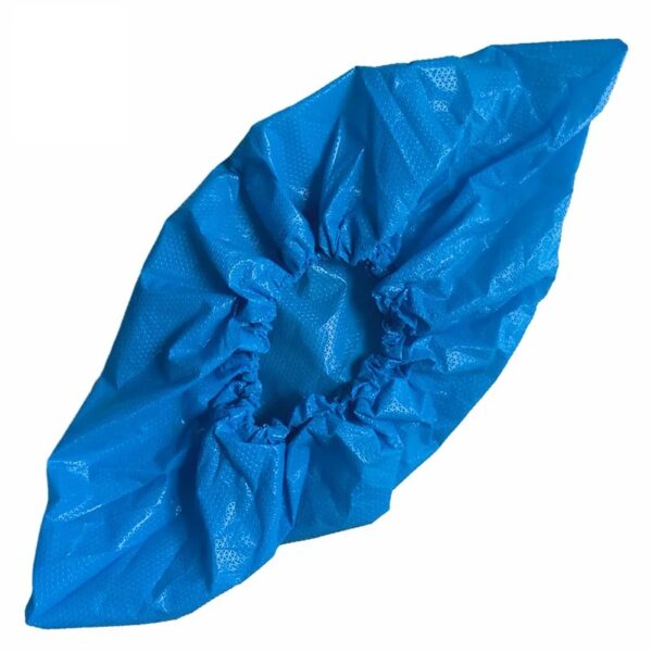 Blue disposable shoe cover with elastic opening.