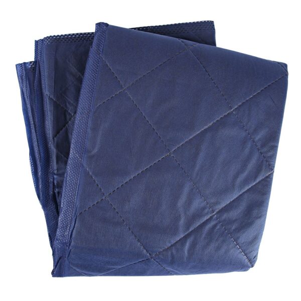 Folded heavy-duty padded blue blanket.