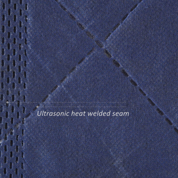 Ultrasonic heat welded seam on blue fabric