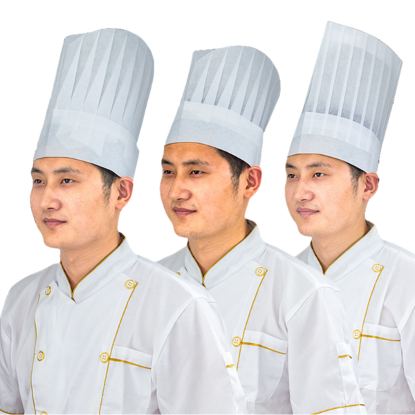 Three chefs wearing tall white hats and uniforms.