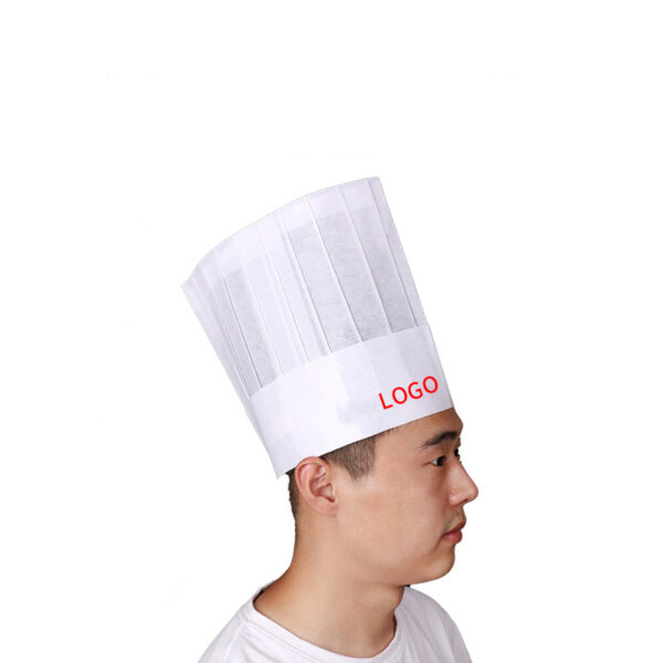 Chef wearing a tall white hat with logo