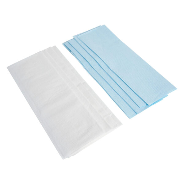 Stacked absorbent pads, white and blue colors